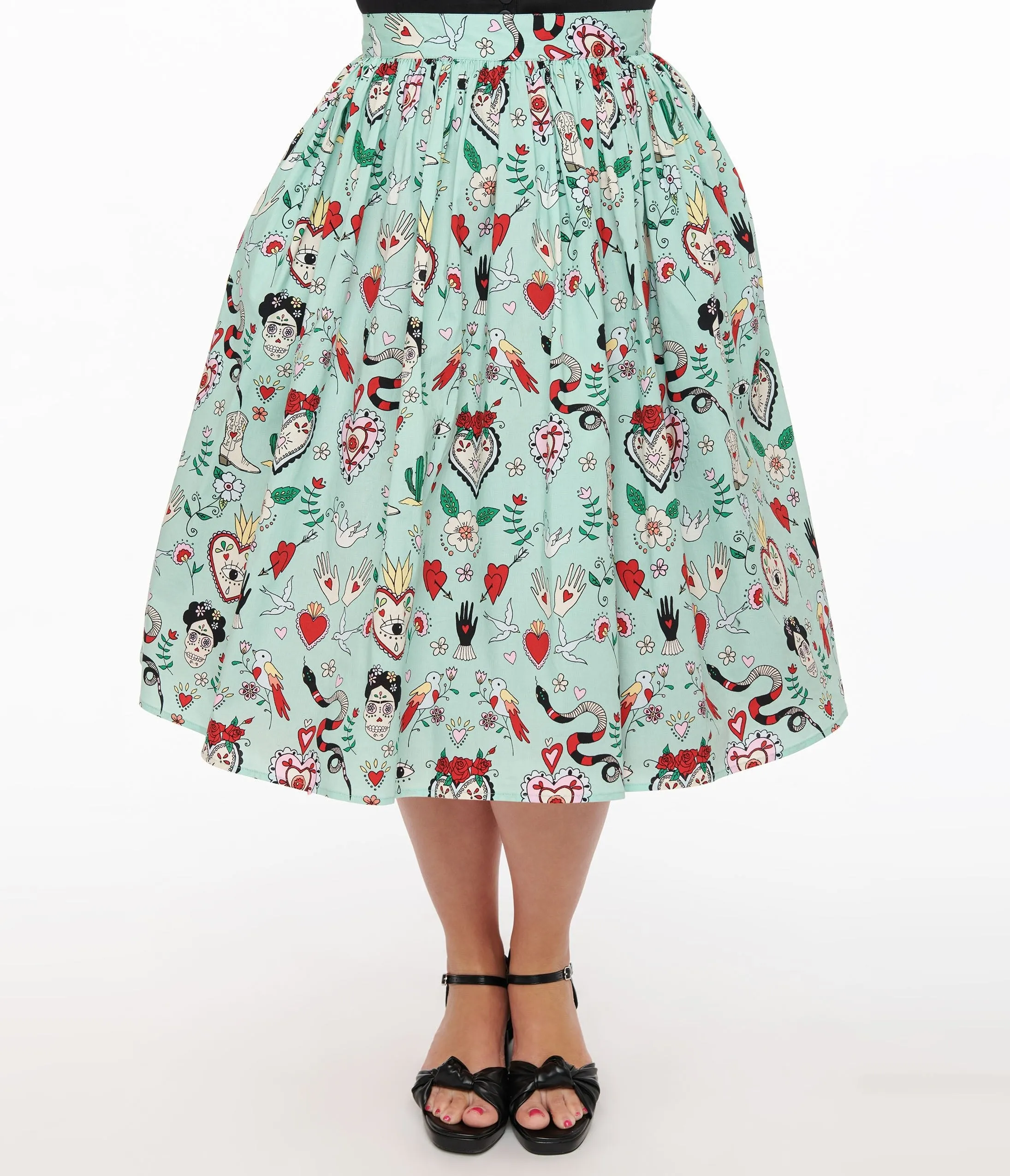Hell Bunny 1950s Mint Green Tijuana Print Cotton Swing Skirt