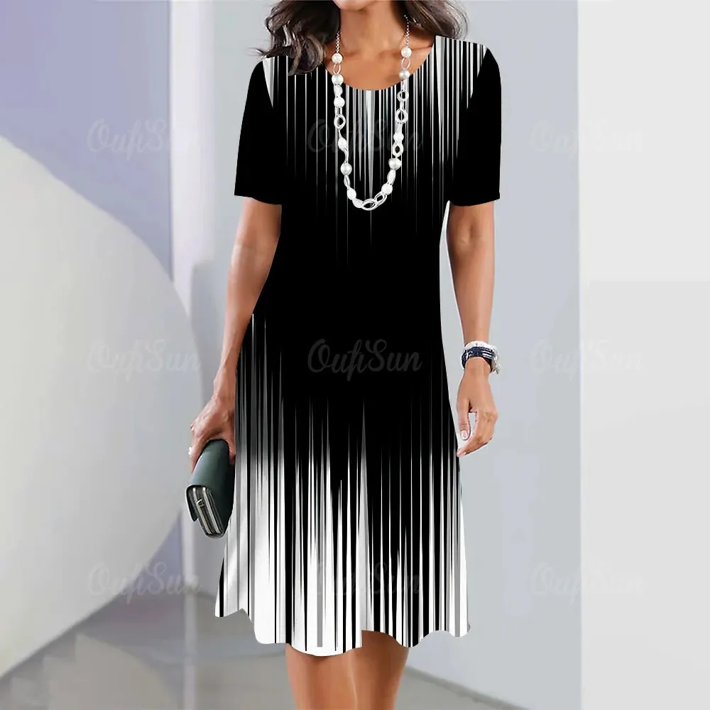 Pinstripe Print Women Mini Skirt Fashion Summer Knee Dresses Street Elegant Playful Dresses 2023 O Neck Female Y2k Top Pullovers