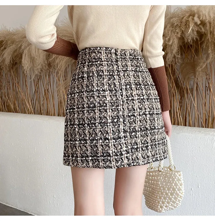 Toleet-Fall Winter Plaid Tweed Skirt Womens Thick Woolen Pearl Button Front Pocket Glitter Mini Skirt Saia Feminina