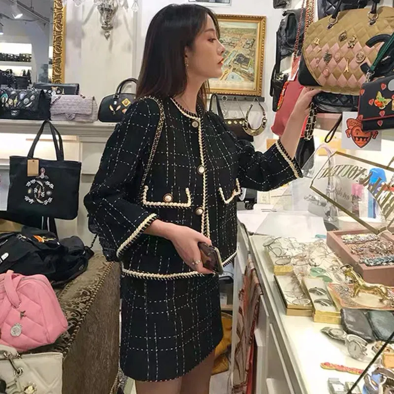 Women Fried Street Tweed Suit 2023 New Spring Autumn Wool Jacket   Skirt Female Fashion Loose Tweed Skirts Two-Piece Set